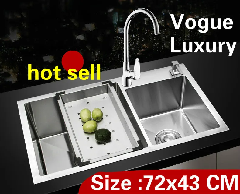 

Free shipping Apartment luxury kitchen manual sink double groove durable high quality 304 stainless steel hot sell 72x43 CM