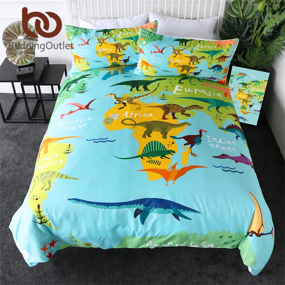 BeddingOutlet Dinosaur Bedding Set Jurassic Kids Duvet Cover Set Cartoon Map Bedclothes for Boys Ocean 3pcs Blue Green Bedlinen