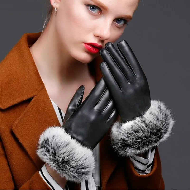 

New Fall Winter Female Gloves Outdoor Plush Warming Rabbit Fur Imitation Leather Lady Mittens Women Touch Screen Hand Muff H3232