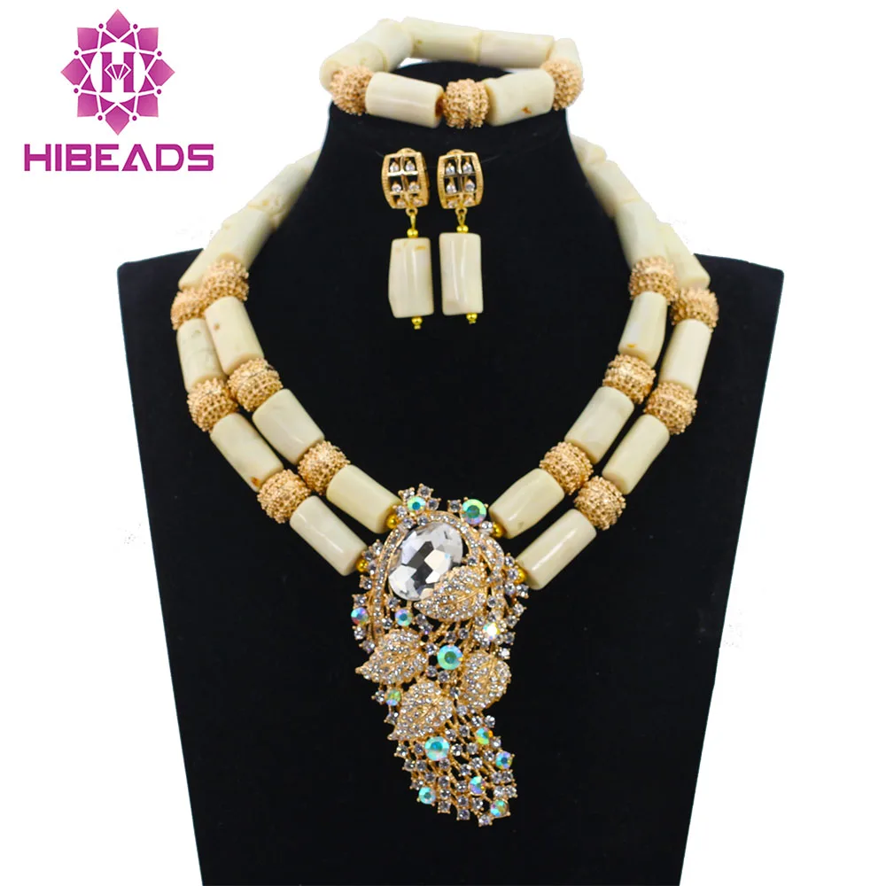 

White Coral Beads Wedding Jewelry Set New Top Design 2 Rows Nigerian African Costume Jewelry Set Wholesale Free ShippingABH001