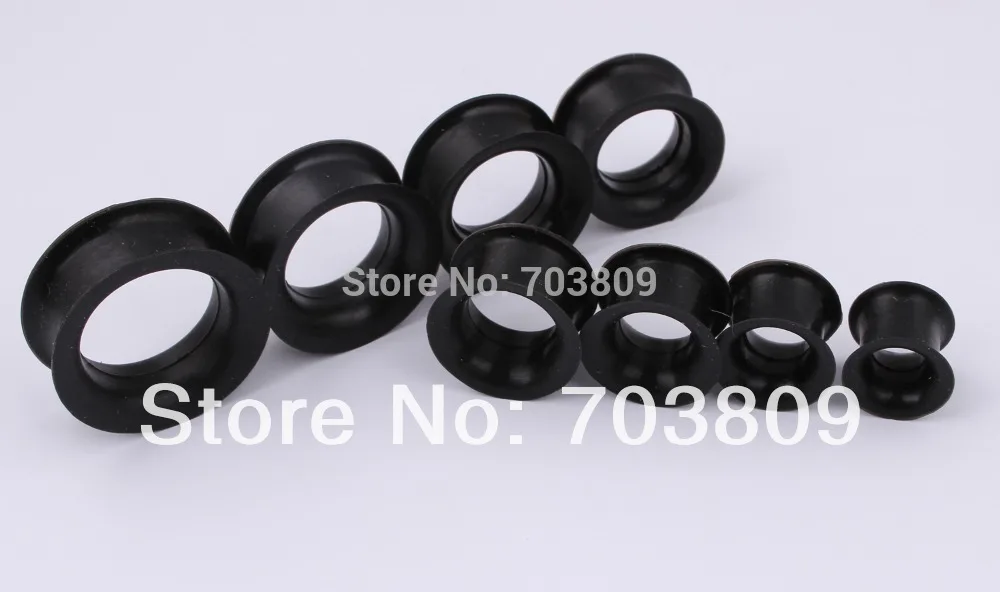 Body jewelry Free Shipping  Wholesales 192pcs/lot Mix 4-25mm black double flare Ear Piercing Plug Silicone Flesh Tunnel