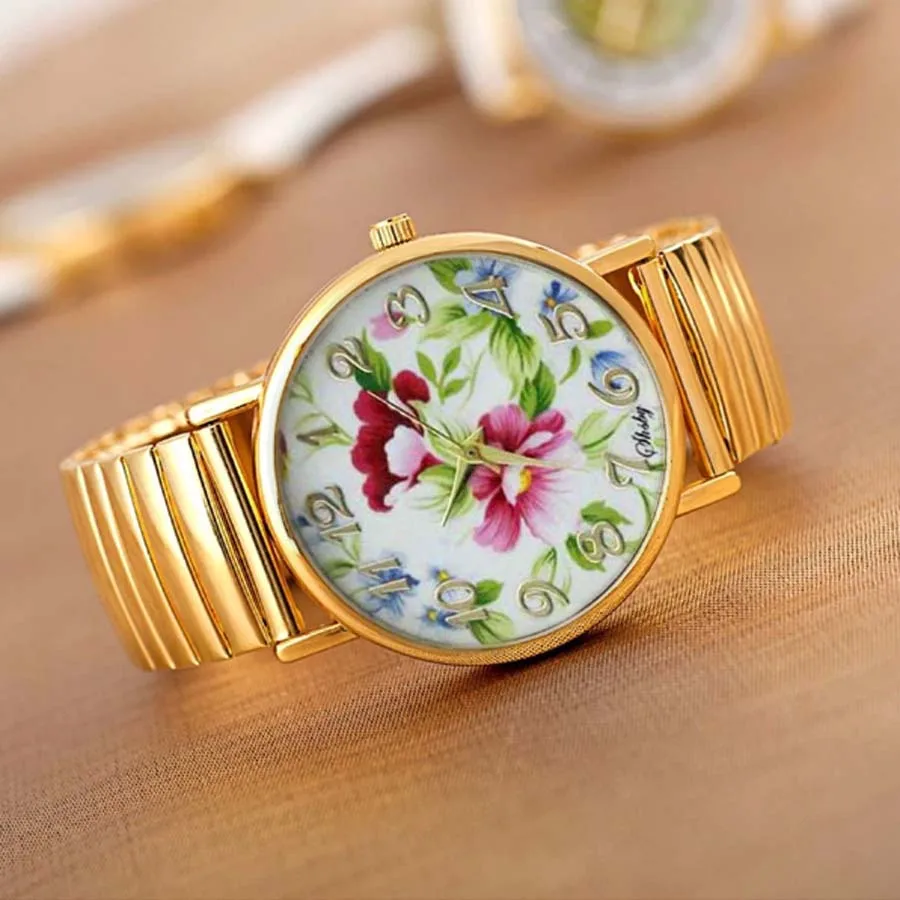 shsby new Elastic stainless watches women dress watches Gold watchband casual wristwatches Bright-coloured flower girl watches