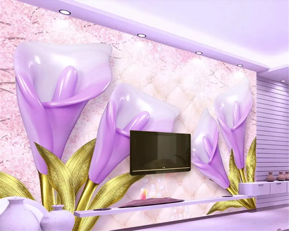 Beibehang Custom Wallpaper HD 3D purple calla lily embossed soft bag jewelry Wall Home Decor TV Sofa Background wall Wallpaper