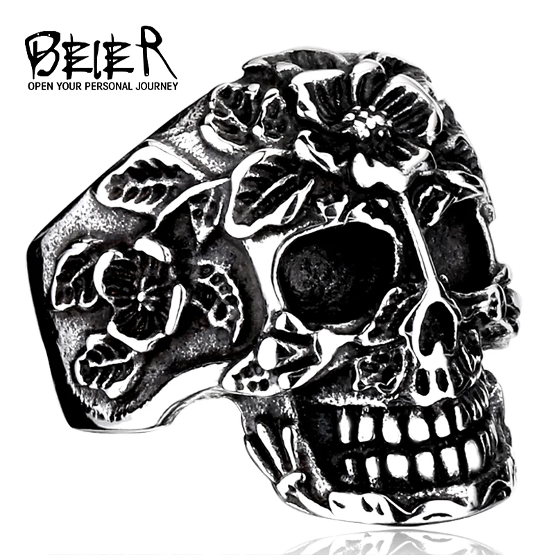 Beier new store 316L Stainless Steel Special Skull Flower Ring for Men and Women Classic Punk High Quality Jewelry LLBR8-210R