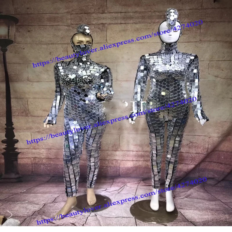 Singer Stage Show Bright Bodysuit Full Sequins Mirrors Mask Jumpsuit Sexy Dance Clothes Set Nightclub Cosplay Dance Female