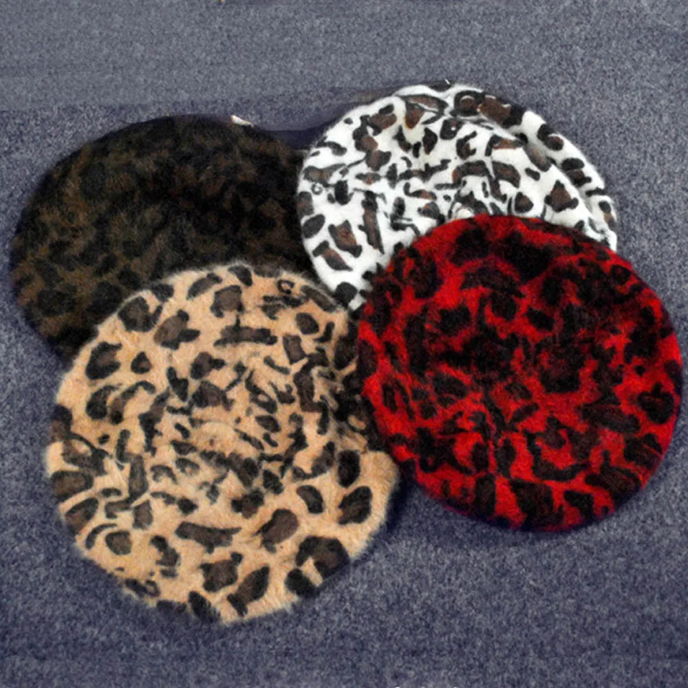 Women French Style Vintage Leopard Print Wool Soft Winter Warm Beret Beanie Hat HATBD0055