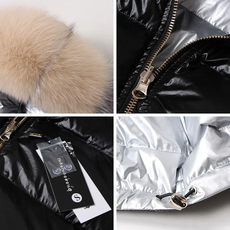 Chaqueta de Invierno para mujer, abrigo corto holgado con cuello de piel de zorro natural, plumón de pato blanco, abrigo de piel real