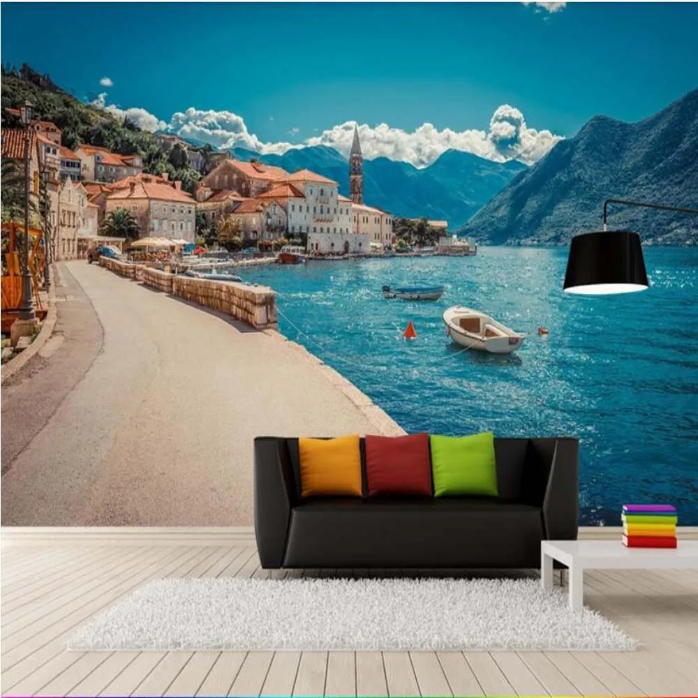 

European Italy Seaside Town Port Fishing Boat Wallpaper Mural 3D Print Photo Wall Paper for Living Room Wall Decor Landscape