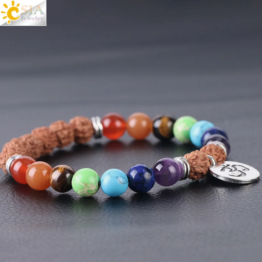 CSJA Chakra Lava Rock Vajra Bodhi Bracelet Buddhism Tibetan Prayer Beads Walnut Shaped Gothic Religion Bangle for Men Women F351