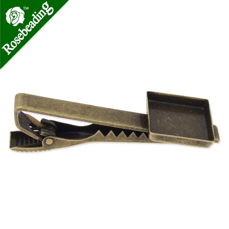 Tie Clip Bar with 15x15mm square bezel,Brass filled,Antique Bronze plated,length 51mm,sold by 20pcs/lot-C3581