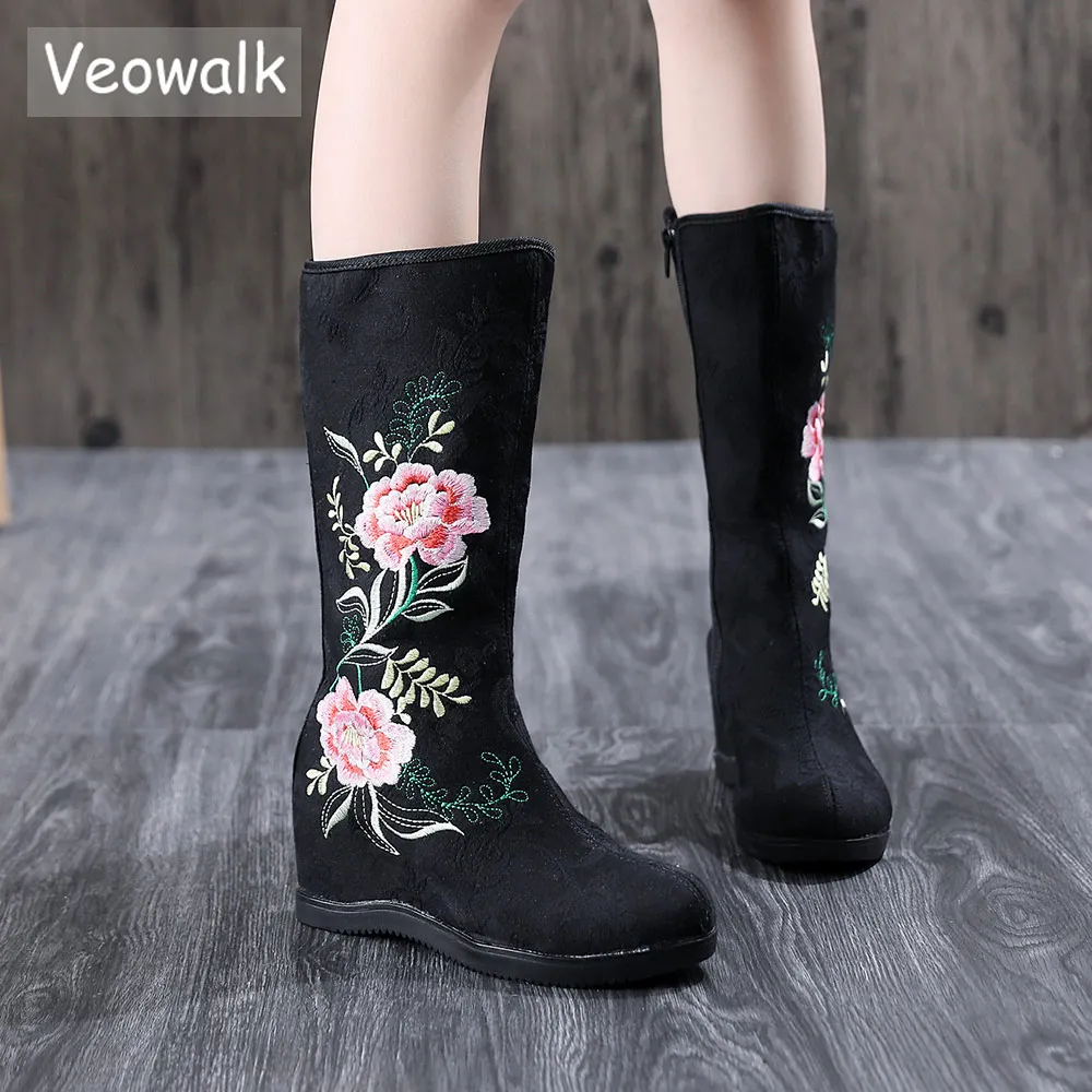 Veowalk Autumn Women\'s Cotton Fabric Mid-Calf Boots Chinese Embroidery Woman Hidden Wedge Heel Comfort Fall Shoes Ladies Boots