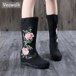 Veowalk Autumn Women's Cotton Fabric Mid-Calf Boots Chinese Embroidery Woman Hidden Wedge Heel Comfort Fall Shoes Ladies Boots