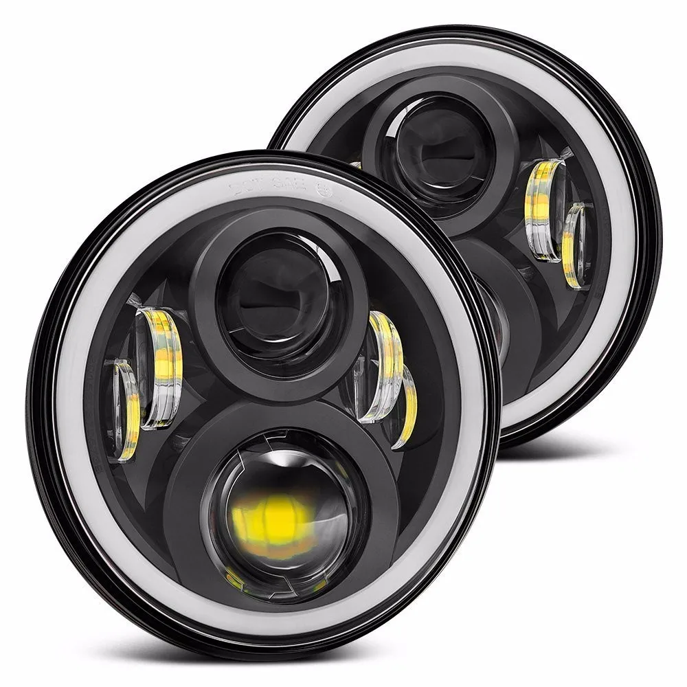 1 Pair 7 Inch LED Headlights with White DRL Amber Turn Signal Angel Eyes Projector 60W Driving Lamps for Jeep Wrangler