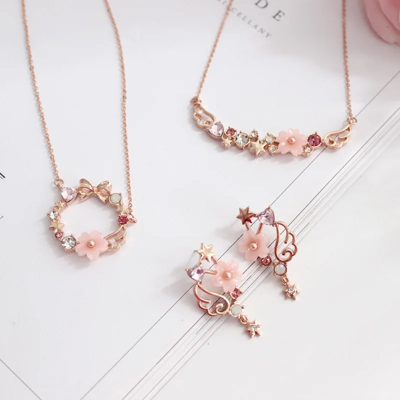 Japanese Pink Card Captor Sakura Earrings Rose Gold Color Angel Wing Rhinestone Star Moon Star Drop Earrings For Women Girls