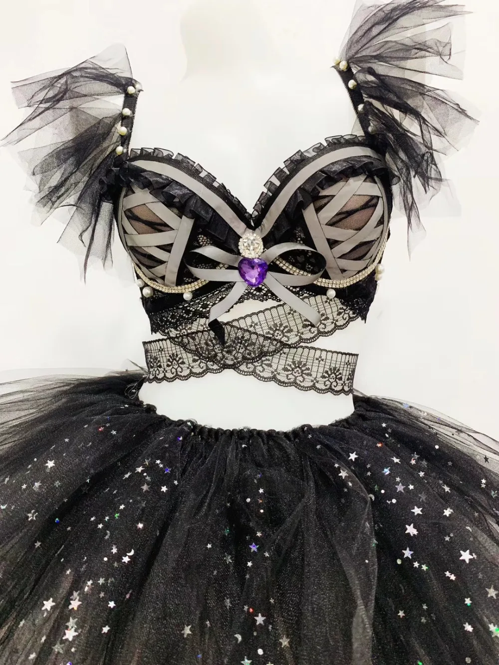 Black lace pearl bikini Skirt Set Nightclub Women Dance Costume Sexy Female Bar Party DJ Performance Show Outfits party