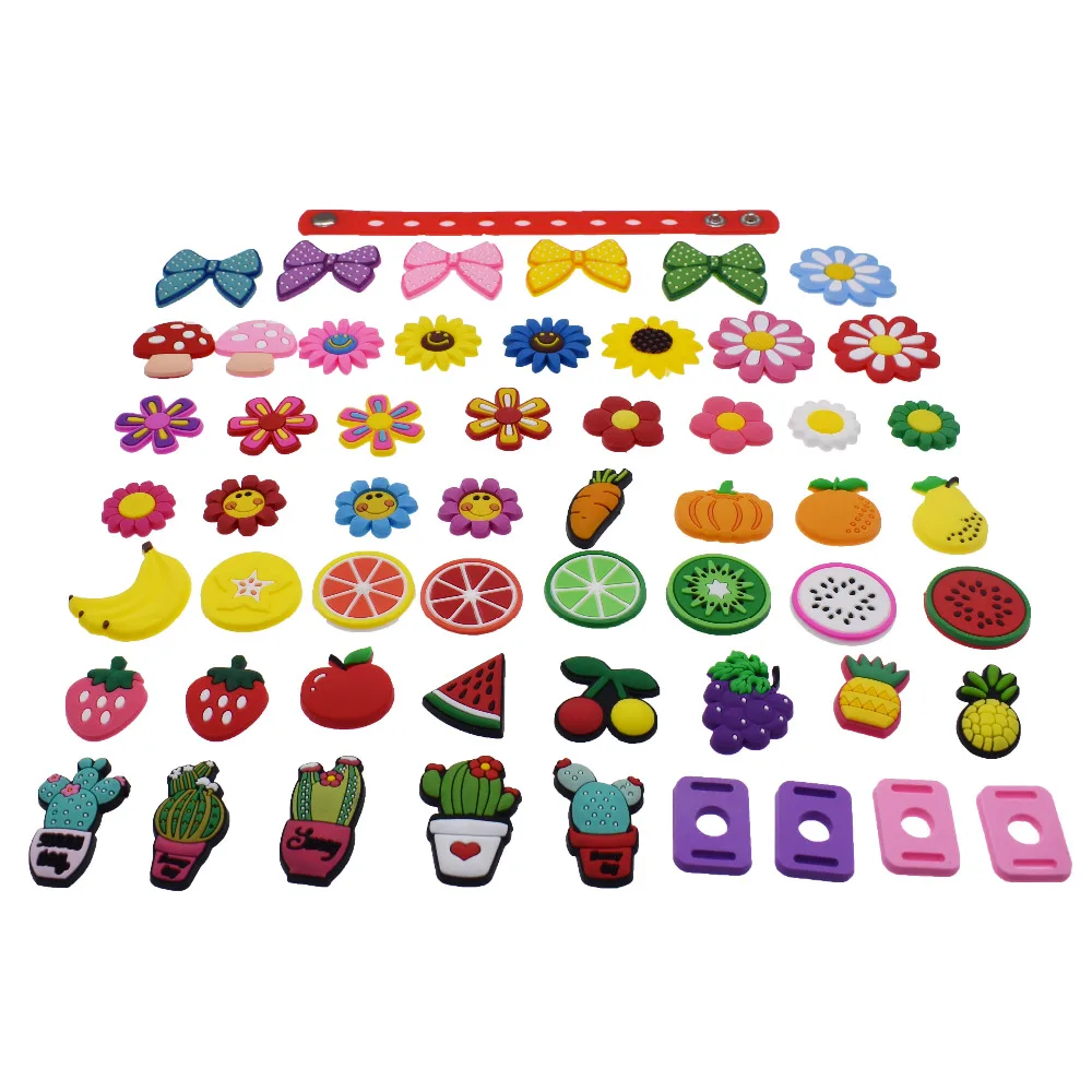 51Pcs Flowers Fruits Bowknot Vegetables Shoes Charms Fit Shoes & Wristband + 4Pcs Shoe Lace Adapter + 1pcs 18cm Bracelet