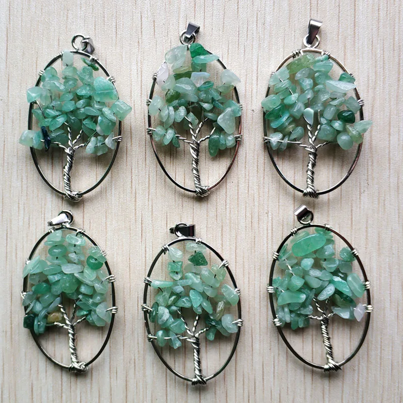 Wholesale 12pcs/lot natural green aventurine tree of life handmade wire wrapped oval Pendants for jewelry accessories marking