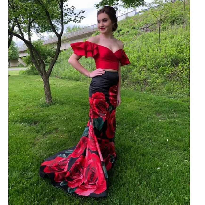 Print Floral Roses 2-Piece Prom Dresses 2k24 Mermaid Off-the-Shoulder Sweep Train Pageant Gowns Backless Red/Black