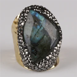 big natural dark grey gray labradorite crystal stone pave rhinestone bead charm open gold hammered ring cuff for woman man