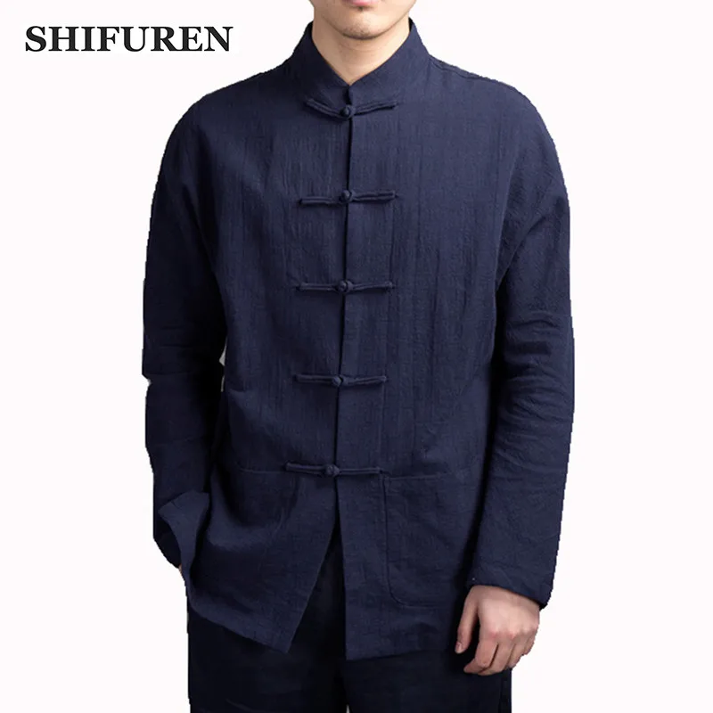 

SHIFUREN 2019 Spring Men Cotton Linen Shirts Chinese Tradition Long Sleeve Male Social Shirts Soft Breathable Tops Blouse