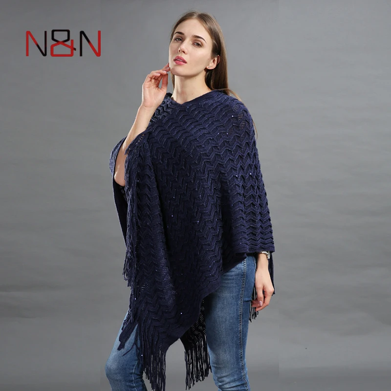 New Pullover Women Poncho Plus Size Batwing Solid Striped Sequins Scarf Winter Thick Tassel Sweater Sleeve Poncho And Capes