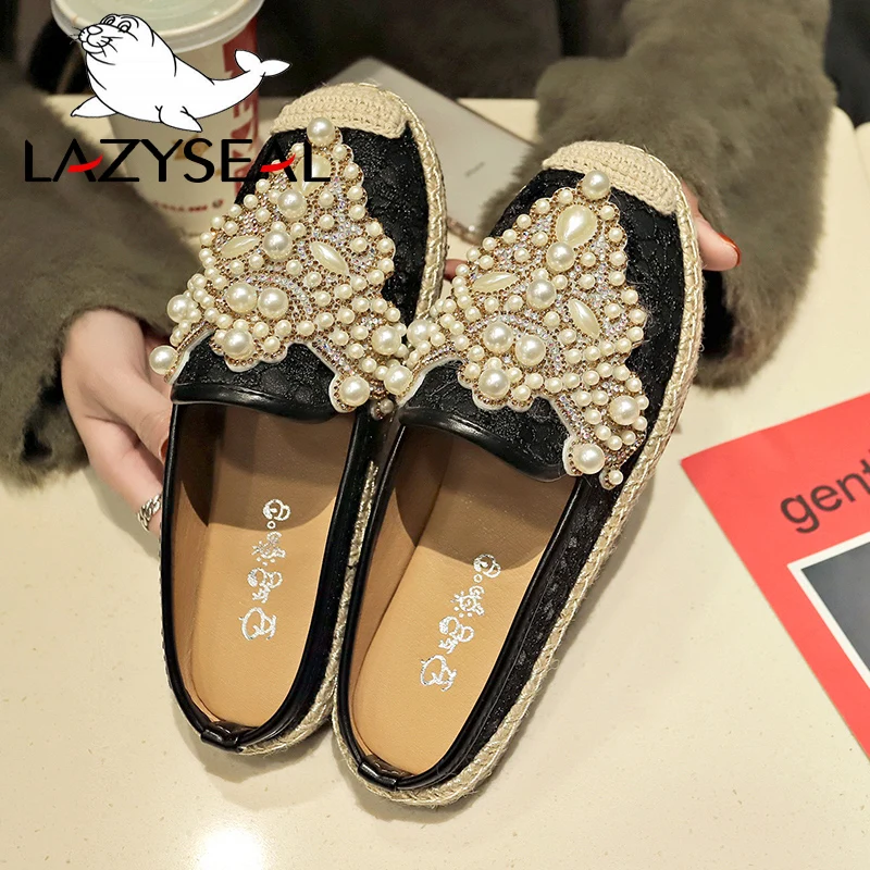 LazySeal 2020 Spring Slides Women Shoes Pearl Loafers Flat Heel Shoes Lazy Cane Women String Bead Moccasin Mules Shoes For Women