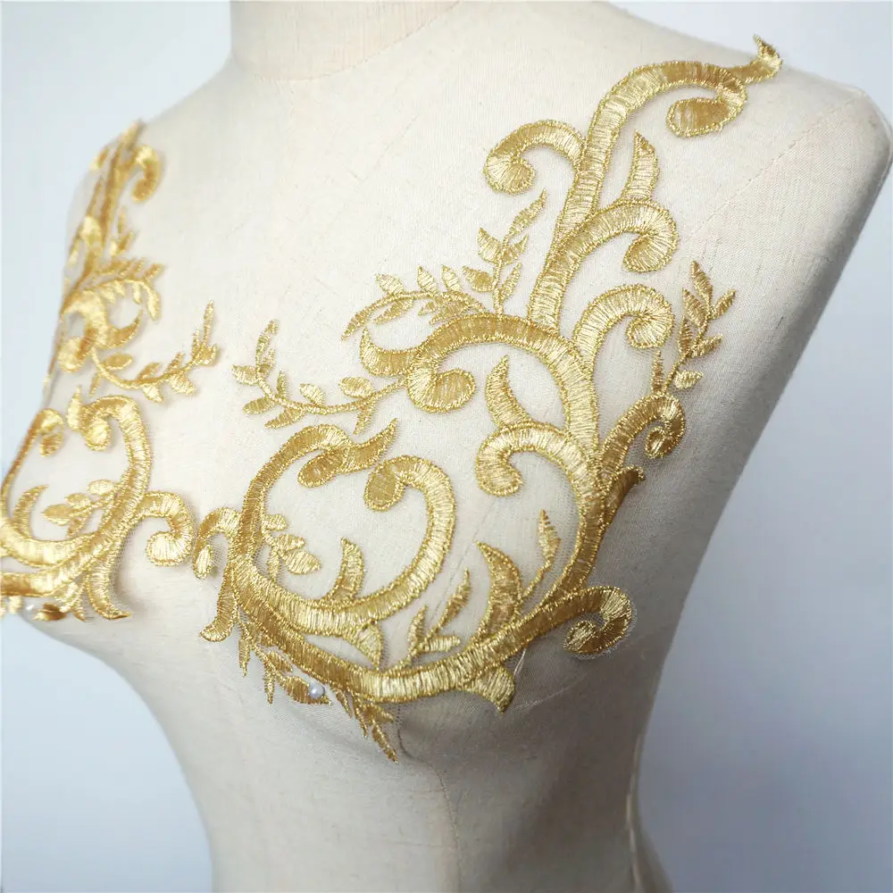 2PCS Gold Lace Fabric Flowers Branch Applique Embroidered Wedding Gown Collar Mesh Sew On Patches For Dress DIY Decoration