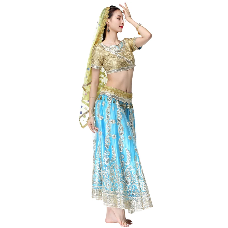 Halloween Christmas Women Belly Dance Outfits Indian Dance Hand-embroidered Bollywood Costume 4pcs Set (Top+Belt+Skirt+Sari)