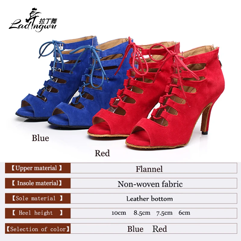 Lacing Flannel Spring and Summer Boots Soft Bottom Dance Shoes Zipper Women\'s sandals Latin Salsa Dance Shoes Blue/Red