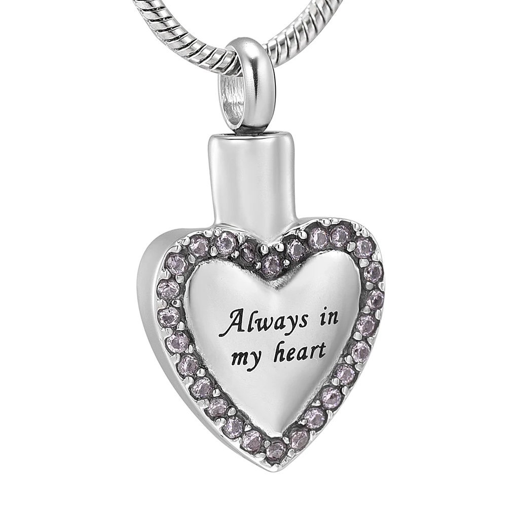 

IJD9822 Inlay Pink Zircon Heart Cremation Jewelry -Carved Always In My Heart Stainless Steel Memorial Urn Pendant Ashes Necklace