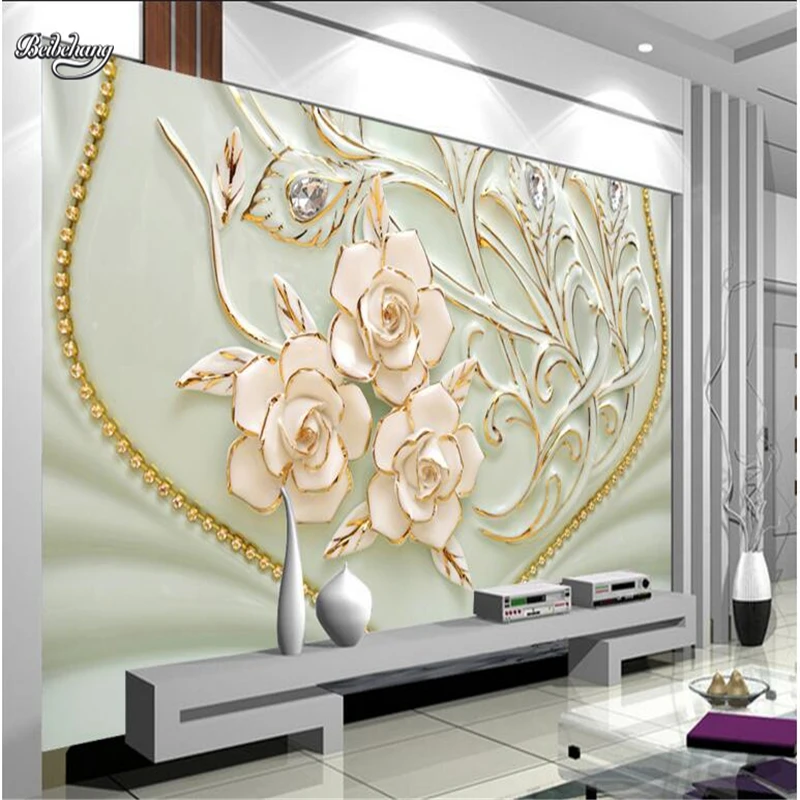 beibehang Peacock feathers rose white flowers relief background wall custom large mural nonwovens super green wallpaper