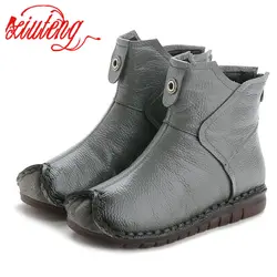 Xiuteng 2022 Winter Genuine Leather Women Ankle Boots Handmade Embroider Ethnic Style Vintage Women Shoes Flat Boots For Gift