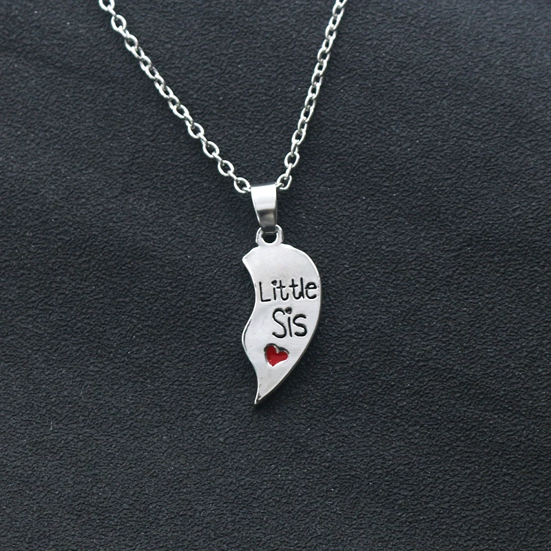 2 PC/Set  Big Sis Lil Sis Big Sister Little Sister Alloy Pendant Necklaces Red Heart Stitching Good Sisters Necklace For Women image 5