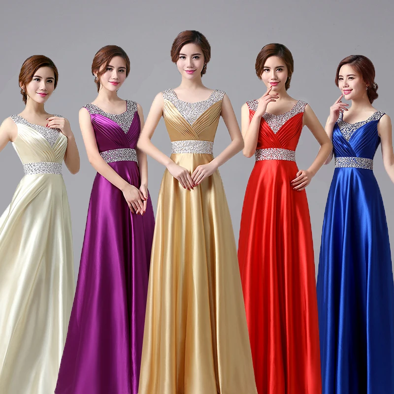 N20148 Long Satin Beading Gold Bridesmaid Dresses Women Floor Length Gown Royal Blue Champagne Red Purple Wedding Party Dress