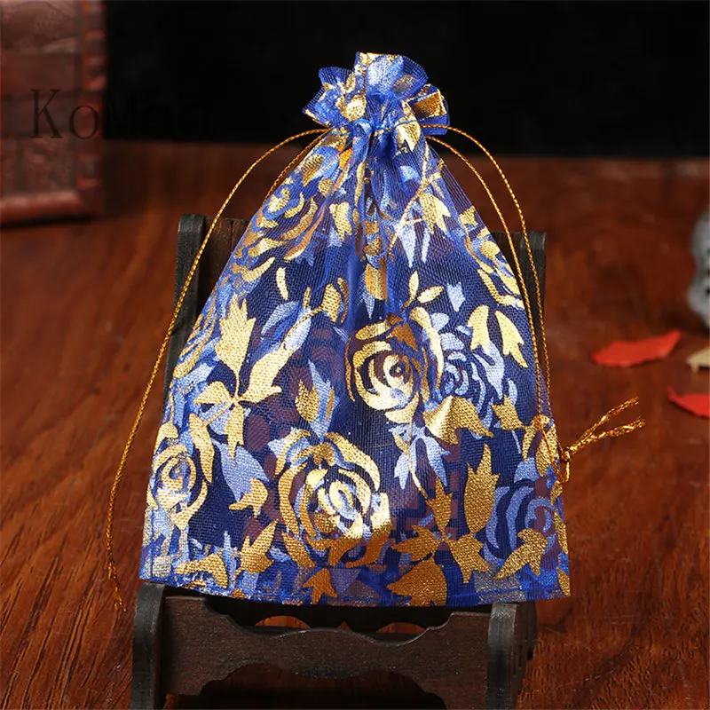 100pcs Royal Blue Organza Bags 11x16cm Jewelry Candy Gifts Packaging Bags Rose Pattern Wedding Favor Drawstring Gift Bag Pouches