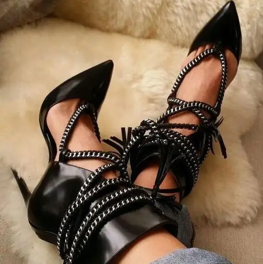 

Fashion Cut Out Chain Straps Ladies High Heel Ankle Boots Smooth Leather Women Point Toe Ankle Boots Female Sexy Party Shoes