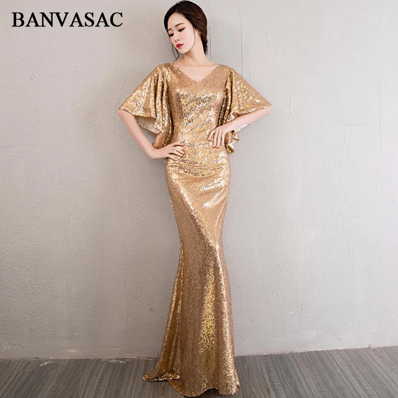 

BANVASAC V Neck Elegant Gold Sequined Mermaid Long Evening Dresses 2018 Half Sleeve Backless Party Prom Gowns