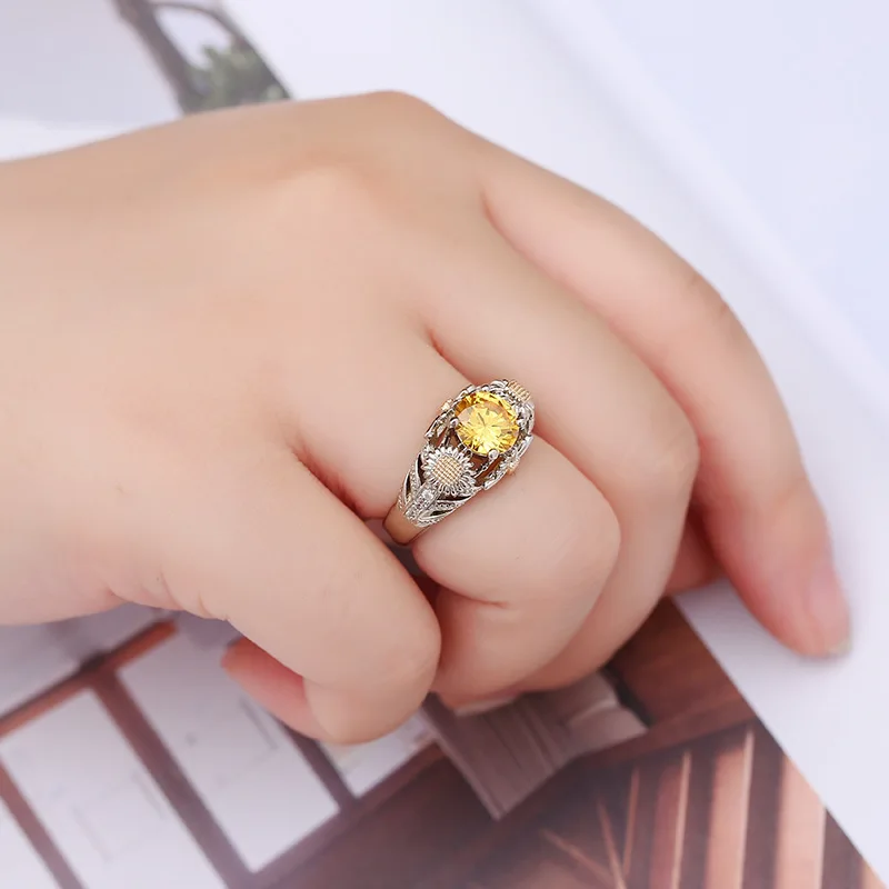 Flower Zircon Ring Engagement Ring Gold Plated Cutout Flower Sunflower Ring Lady Free Shipping