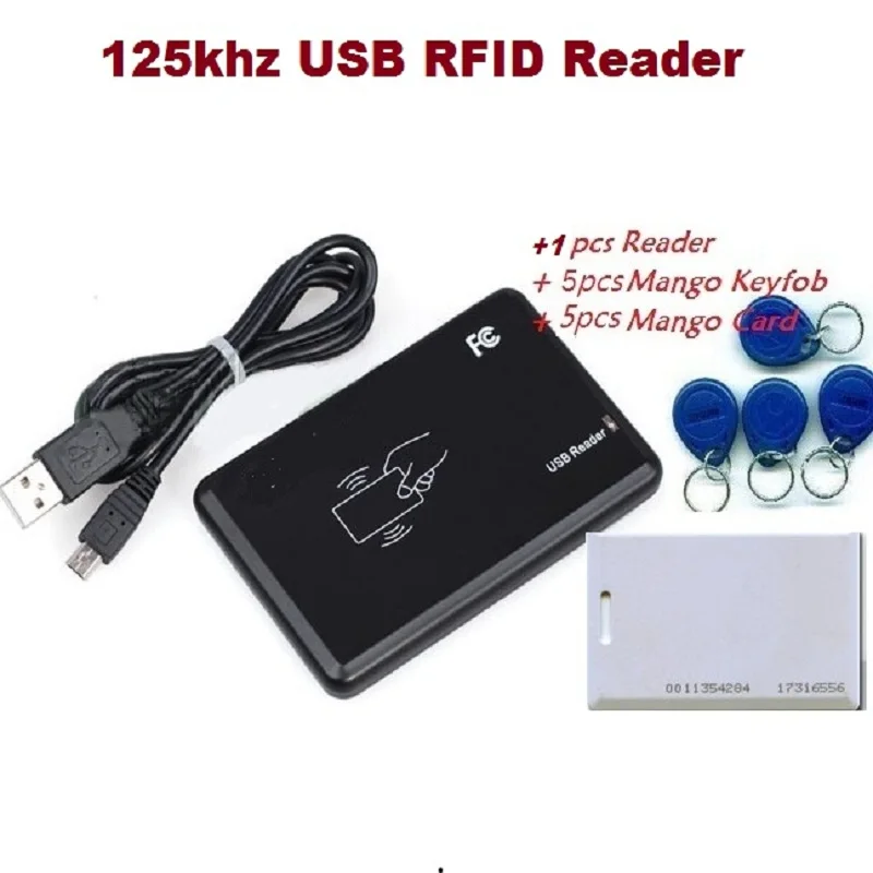 New Security Black USB RFID ID Reader Proximity Smart 125Khz EM4100 card Read Free Shipment &1pcs Device+5pcs KeyTag + 5pcs Card