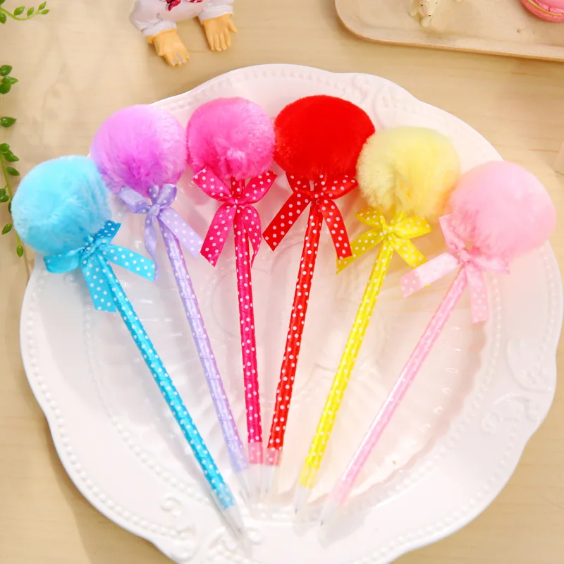 

40pcs/pack Hot-sell Korea Stationery Aesthetic Bow Polka Plush Fur Ball Ballpoint Pen Blue Ink 0.5mm Gift Prize