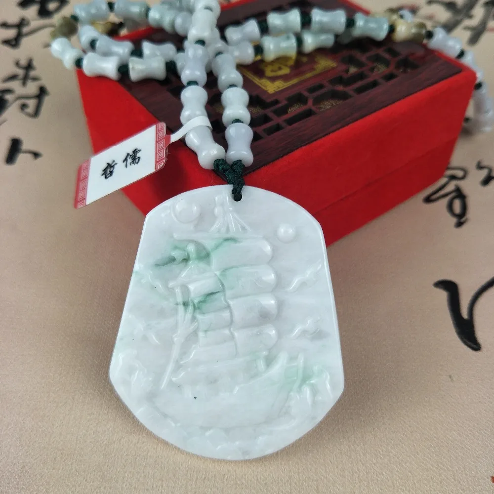 Zheru Jewelry Pure Natural Jadeite Light Green Double Color Sea Boat Pendant Tricolor Jade Bead Pendant Chain Send A Certificate