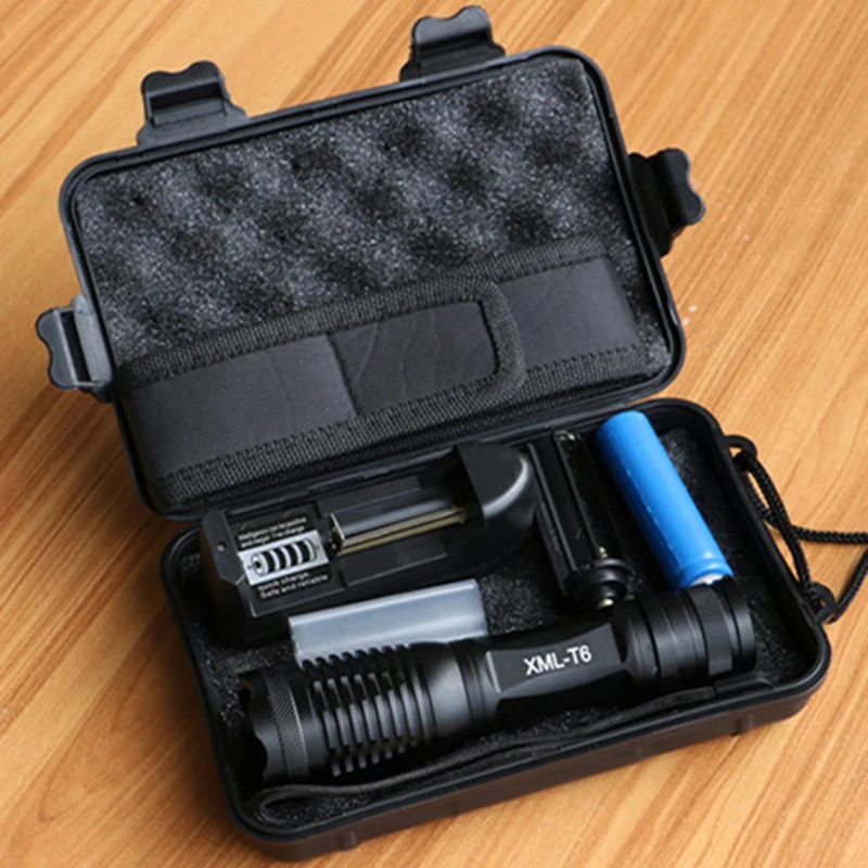 CREE XM-L2 T6 Super Tactical Flashlight 10000 Lumens 6000 Lumens Set with Rechargeable 18650 Battery Retractable Flashlight