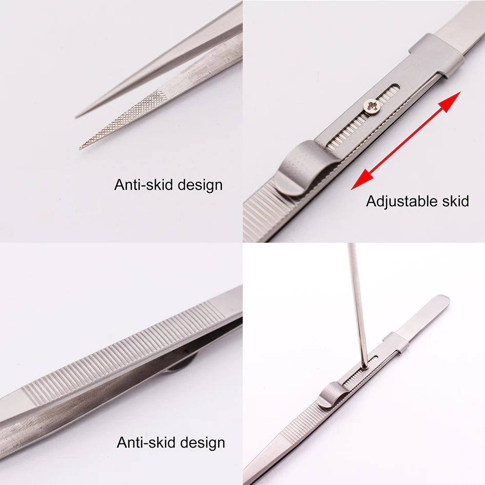 165mm Adjustable Tweezers Anti-static Stainless Steel Tweezers Straight Pointed Tip Slide lock Hold Tightly 30pcs