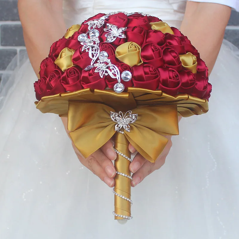 WifeLai-A Burgundy Gold Rose Wedding Bouquet Butterfly Crystal Diamonds Brooch Bridal Mariage Stitch Bride Wedding Flowers W2216