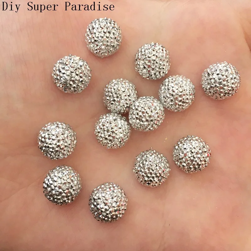 40pcs 10mm Resin Silver Round Flatback Half Ball Beads Stone Wedding Button Diy Cfaft F119