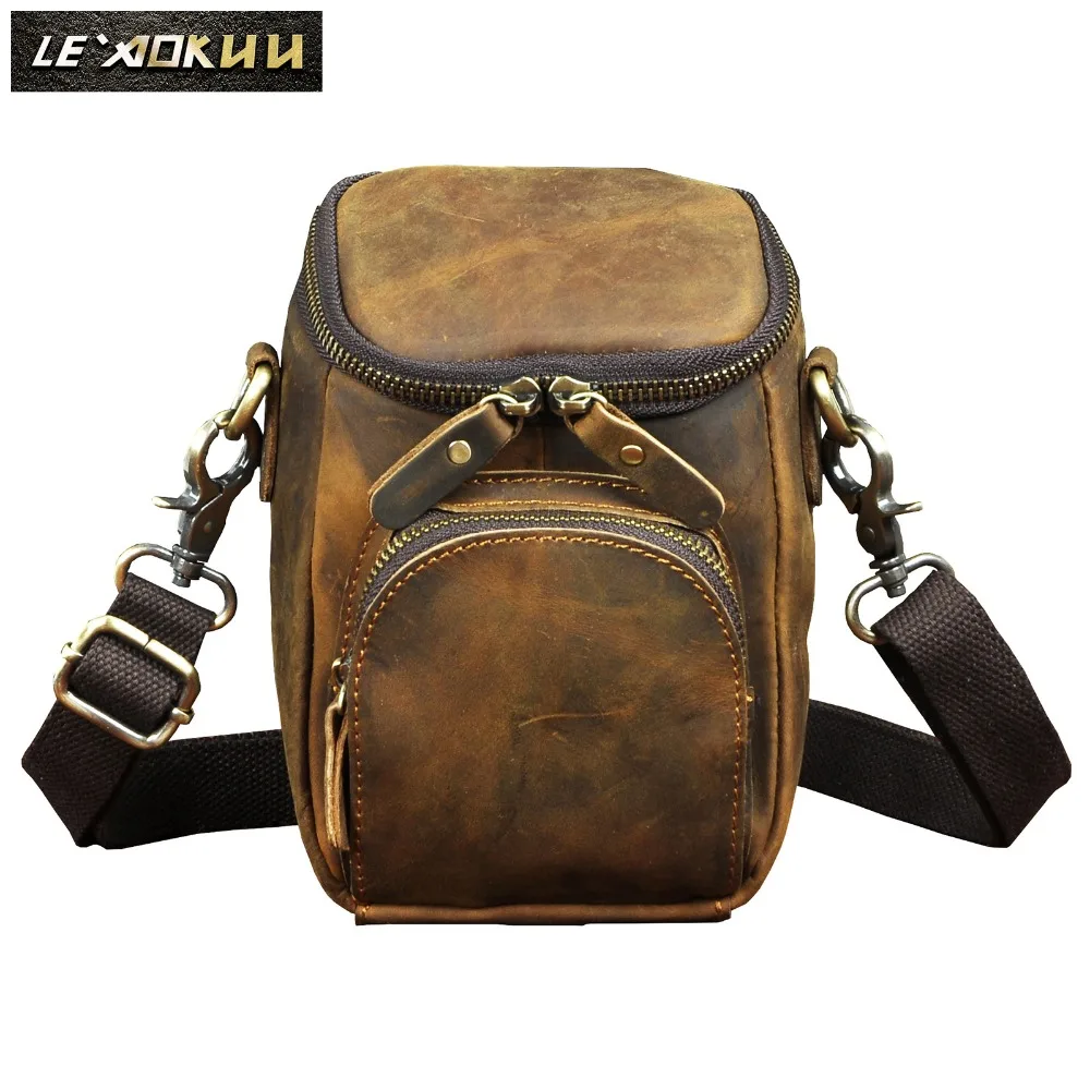 Original Leather Male Casual Design Shoulder Messenger Crossbody bag Multifunction Fashion Travel Hook Belt Waist bag Men 1167