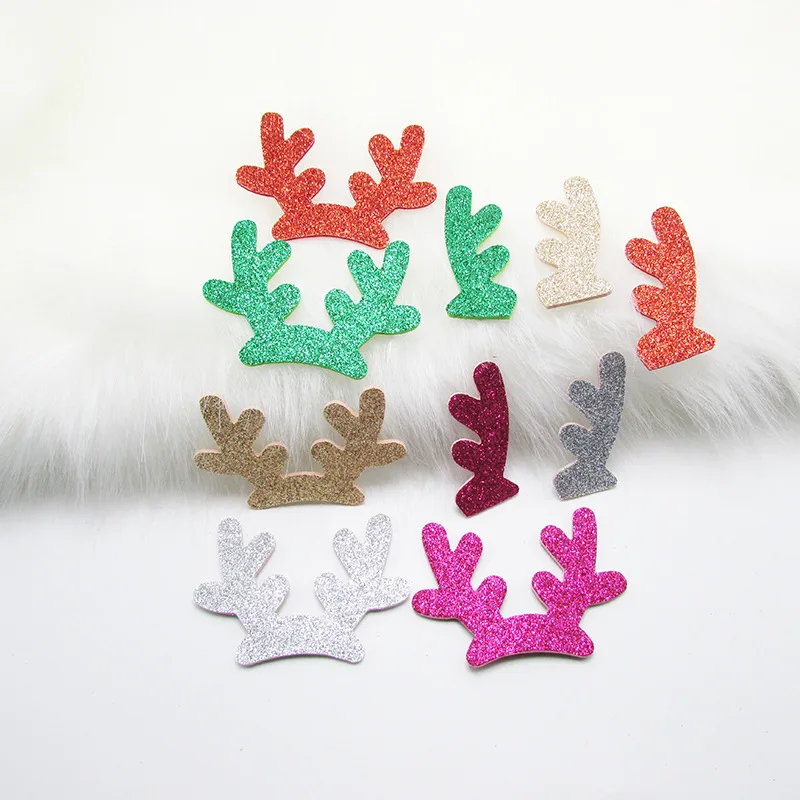 30pcs/lot 7.6*5.5cm Glitter Christmas antlers Padded Appliques For Craft Clothes Sewing Supplies DIY Hair Clip Accessories