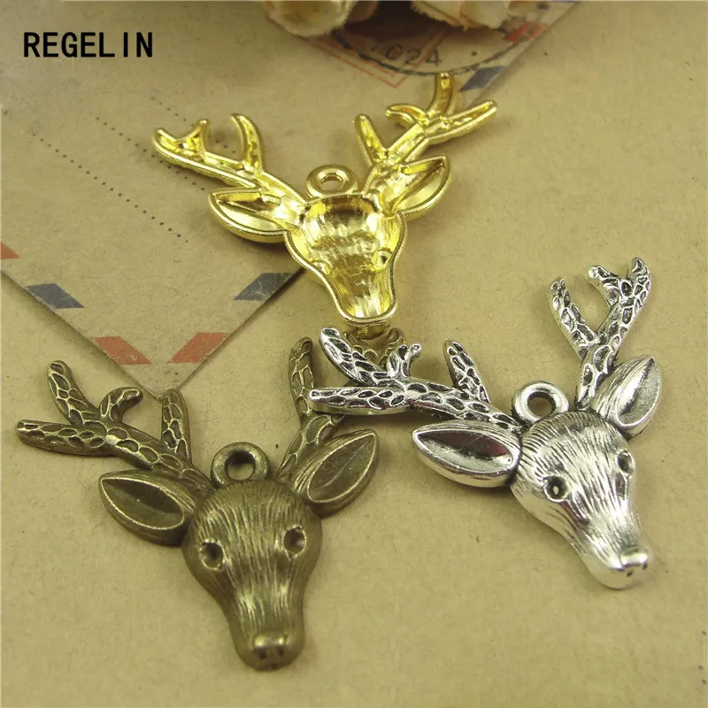 REGELIN Antique Bronze deer head Charm Pendant  10pcs 36x37mm for Diy Necklace Jewelry Accessories Making Handmade Craft