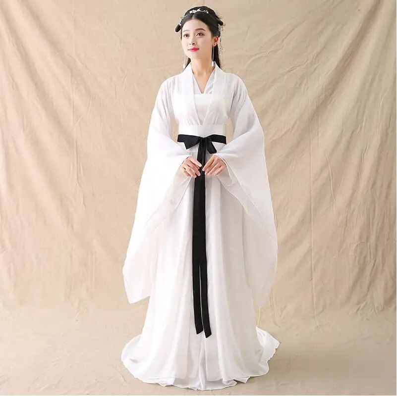 Oriental Girl White Costume Ancient China Fairy Hanfu Dress East Asian Style Fresh Elegant Sword Lady chinese folk dance clothes