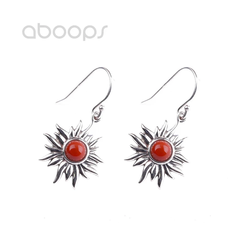 

Vintage 925 Sterling Silver Sunflower Dangle Earrings with Red Jade for Women Girls,Free Shipping